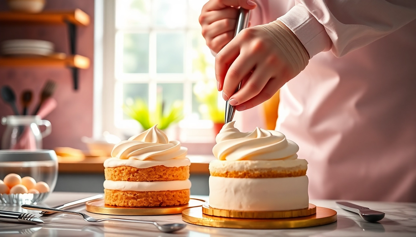 Mousseline cream being elegantly piped onto a dessert in a vibrant kitchen.