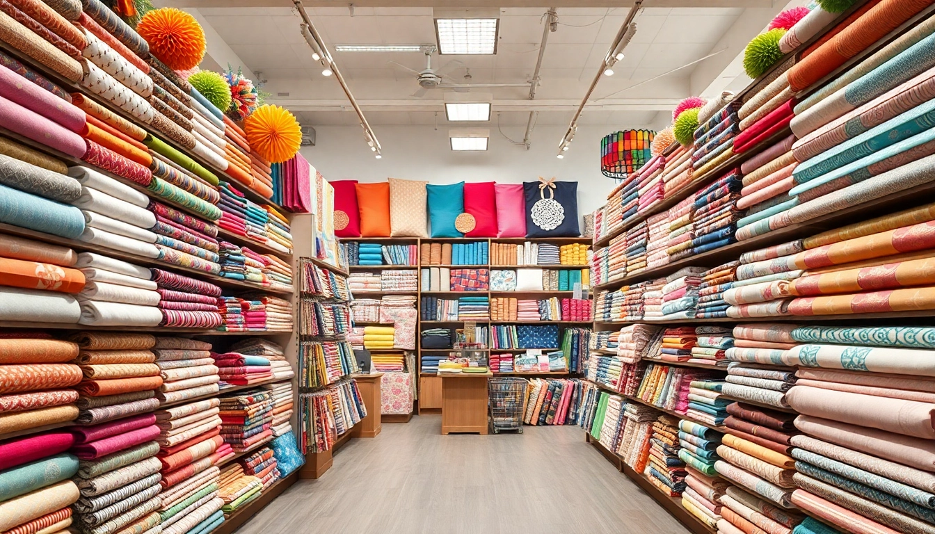 Bekijk stoffen beschikbaar op https://www.stofnodig.nl met diverse kleuren en patronen in een gezellige winkelsetting.