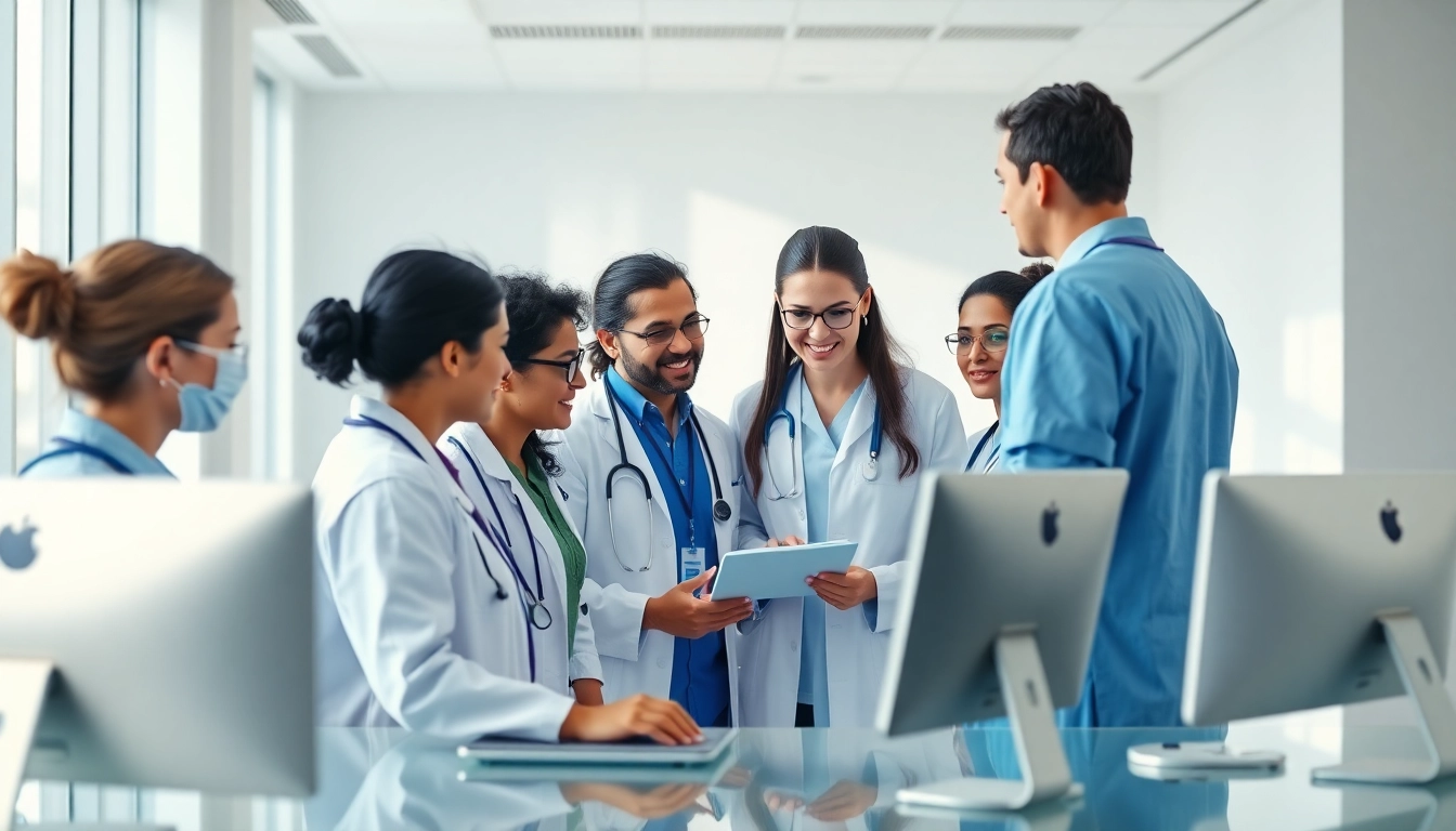 Integrating ePrescribing systems illustrated by healthcare professionals discussing patient care in a modern clinic.