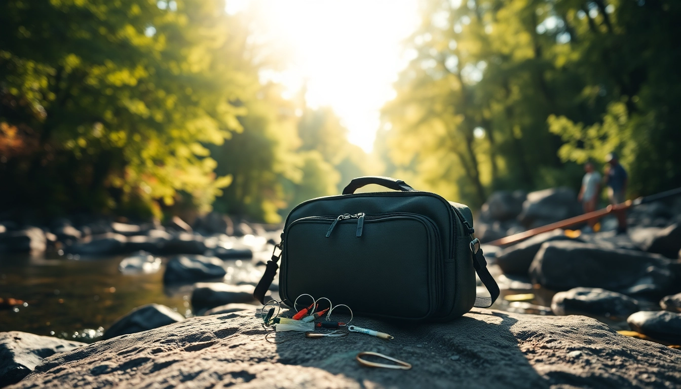 Showcasing a Fly fishing bag on a riverbank with fishing accessories around it.