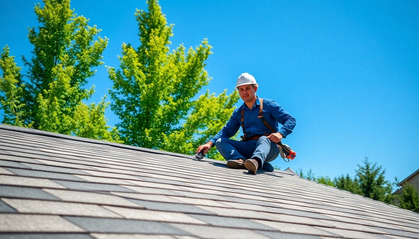 Roofer inspecting a completed Roofing Replacement Tigard Oregon project under clear blue skies.